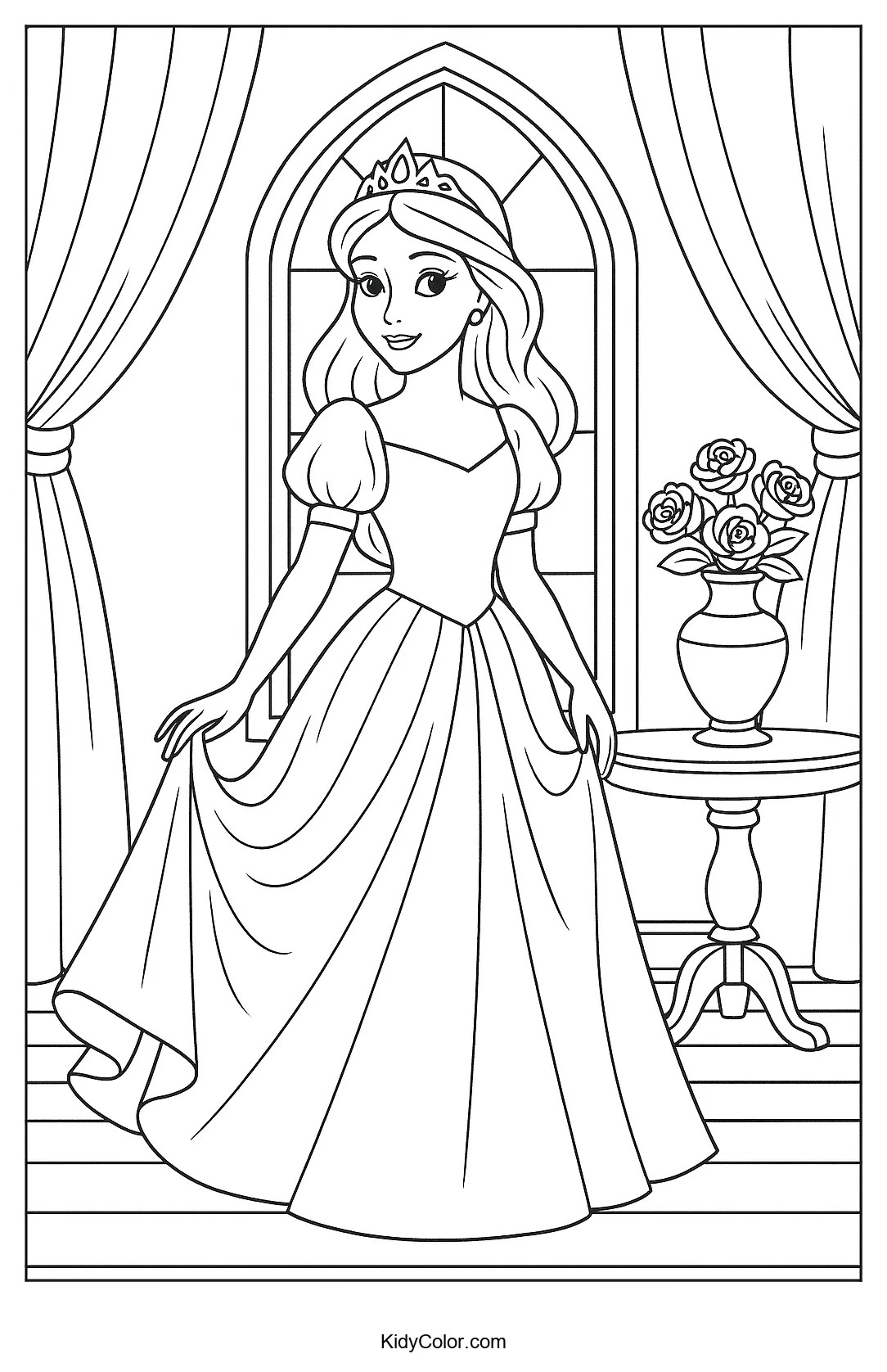 Princess standing by an arched window