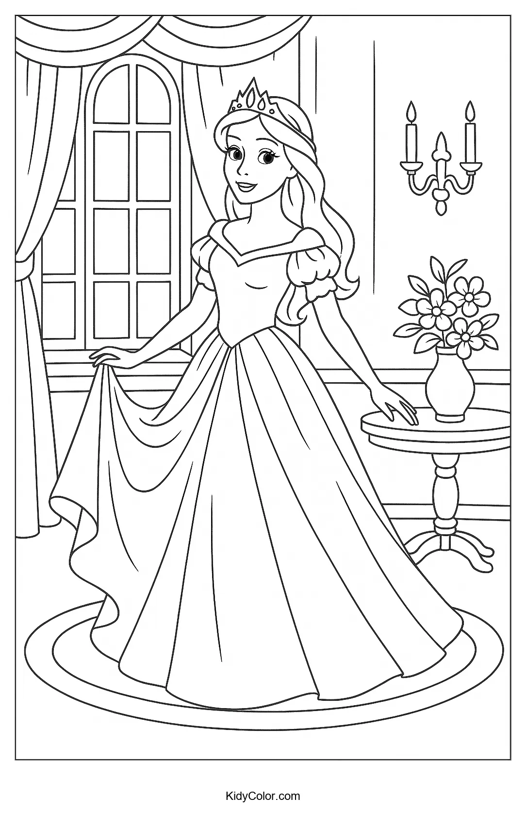 Coloring page of a princess in a regal room