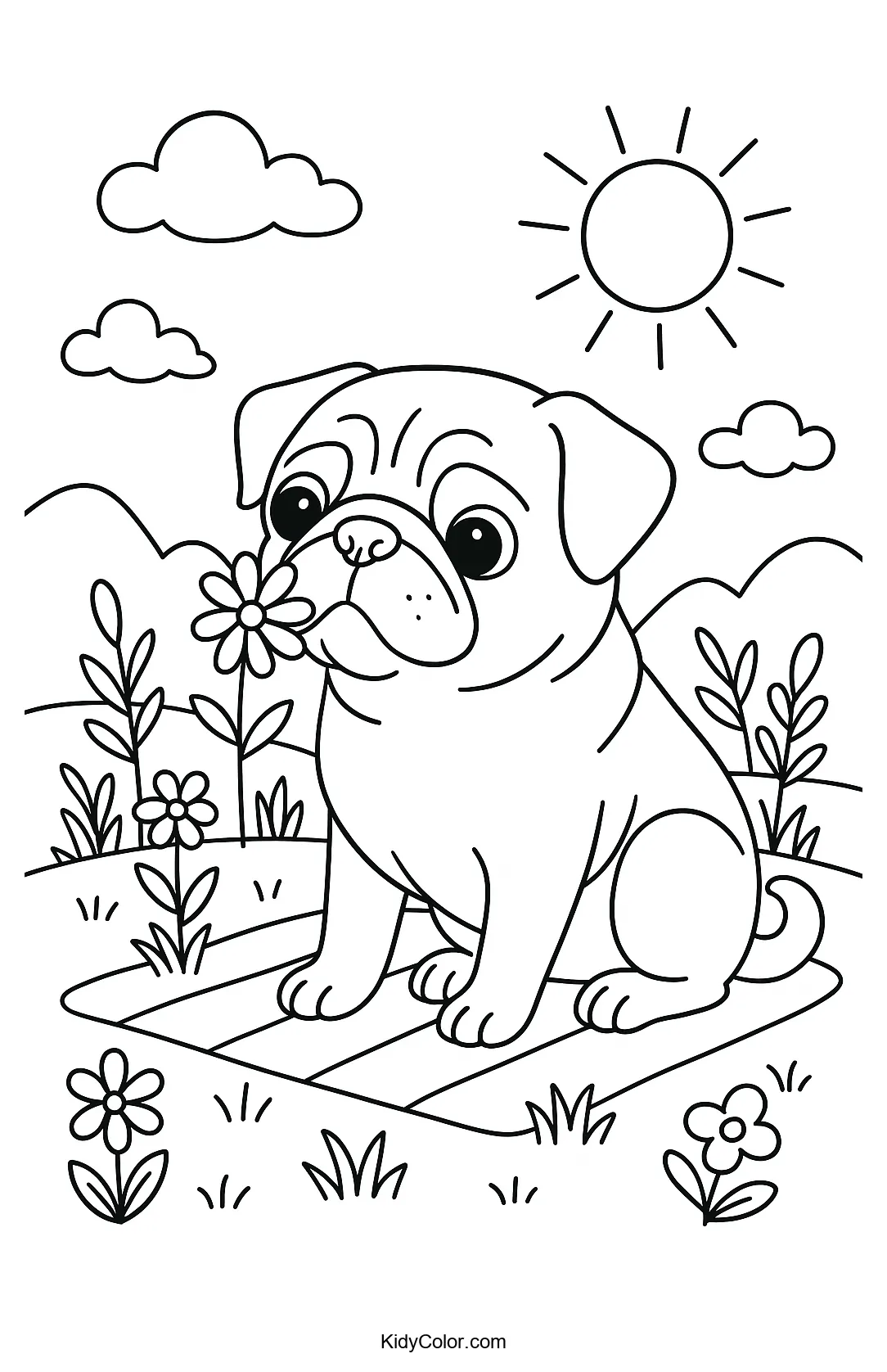 Pug sniffing a flower in a garden