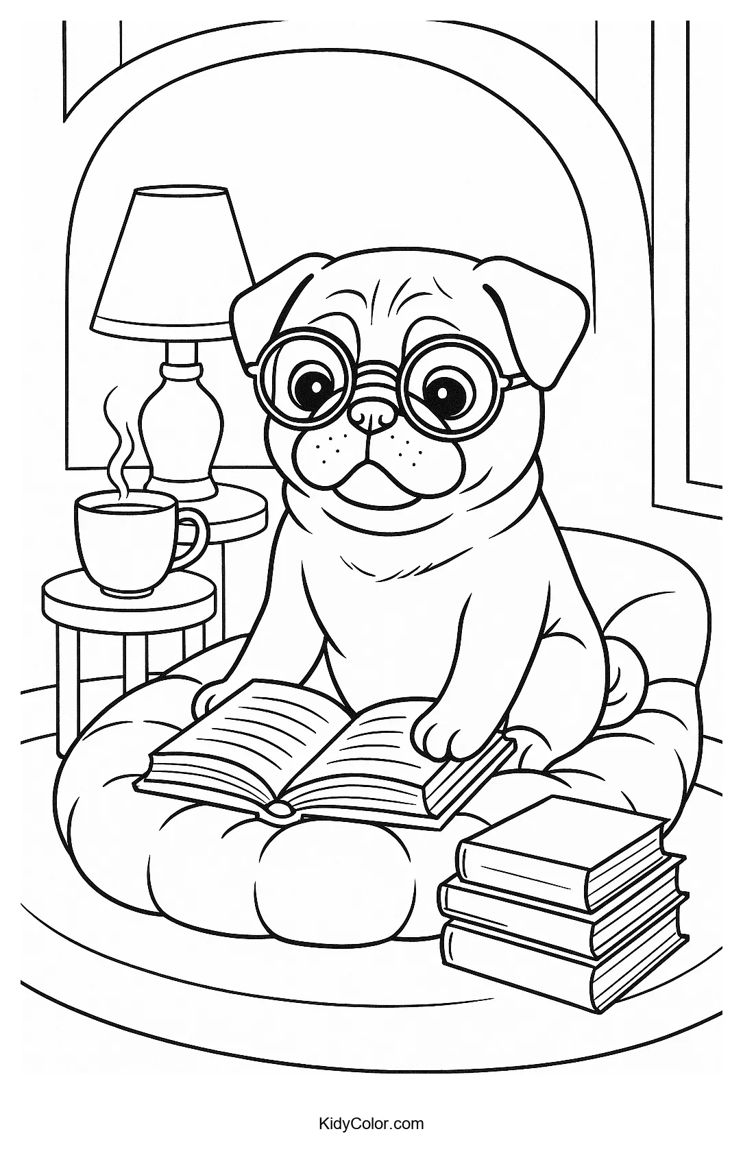 Cute pug sitting in a cozy reading nook