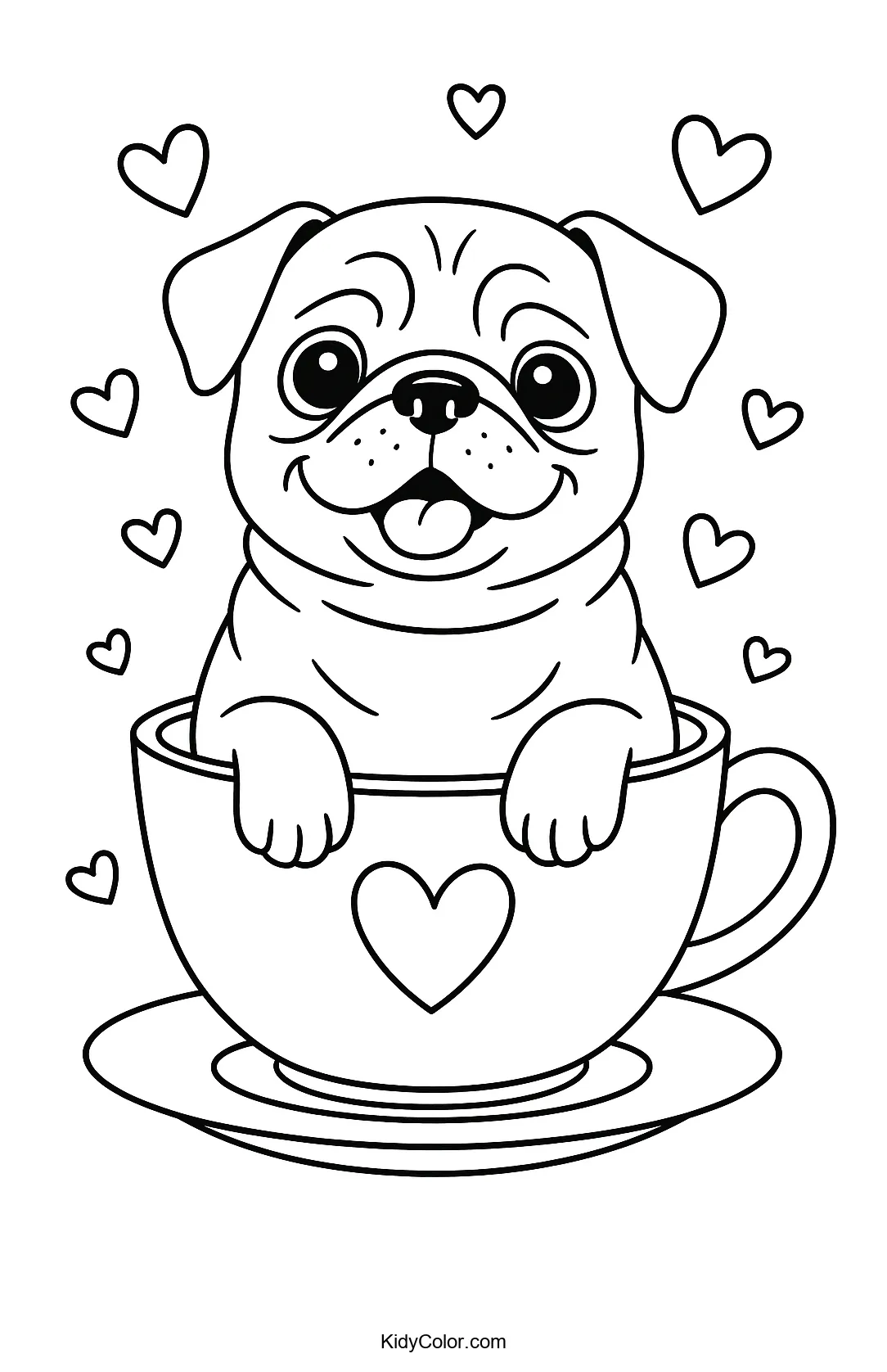Pug in a teacup with hearts