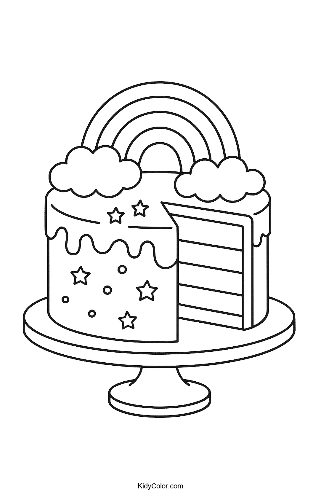 Rainbow cake with cloud decorations