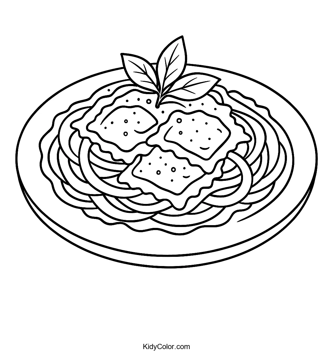 Coloring page of ravioli with sauce and herbs