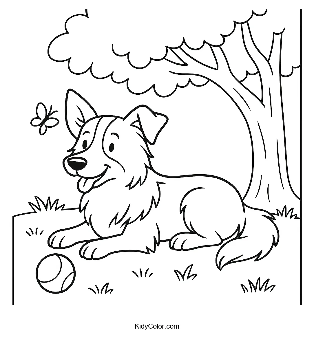 Resting Border Collie under a tree coloring page