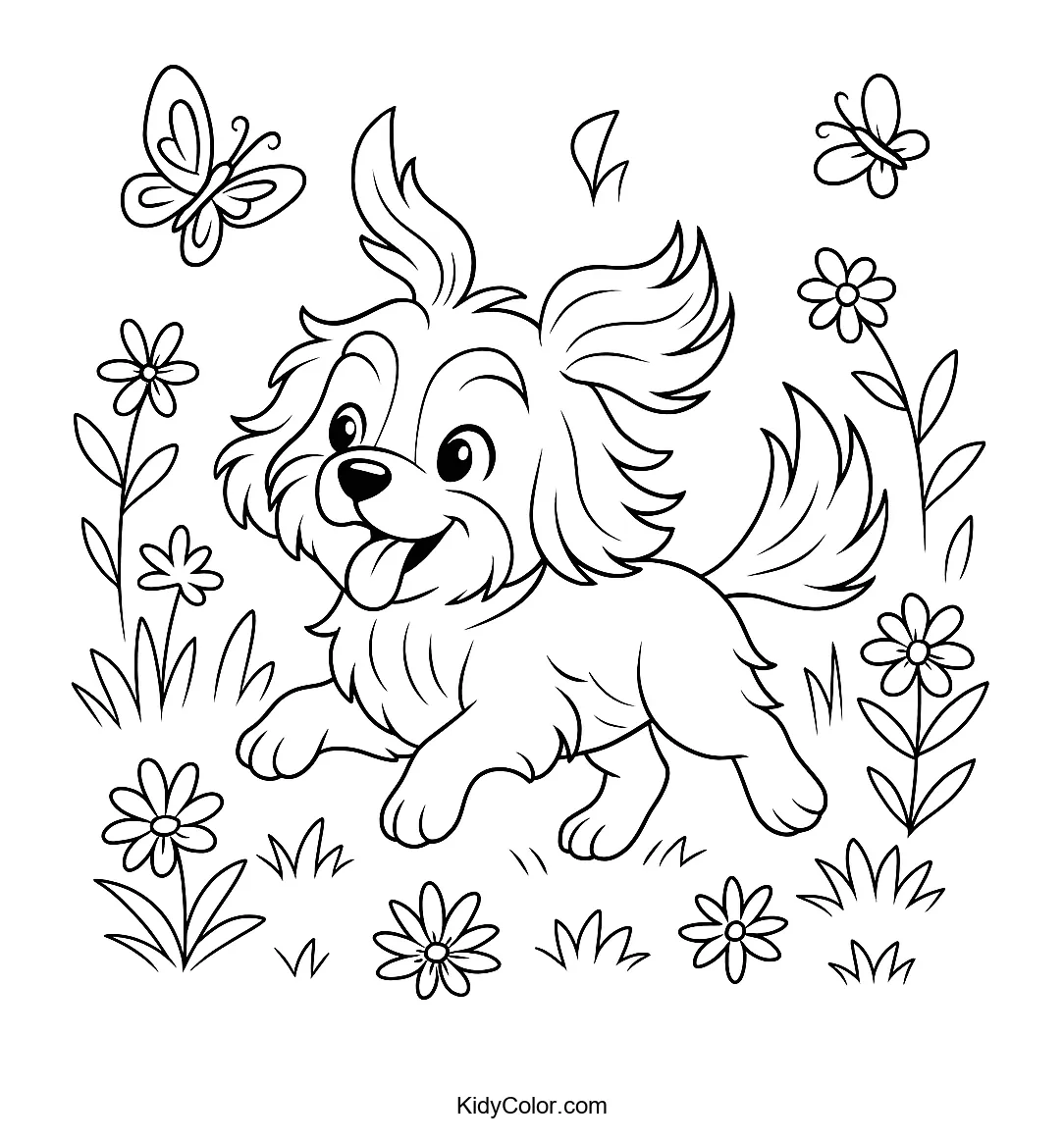 Shih Tzu dog chasing a butterfly in a garden