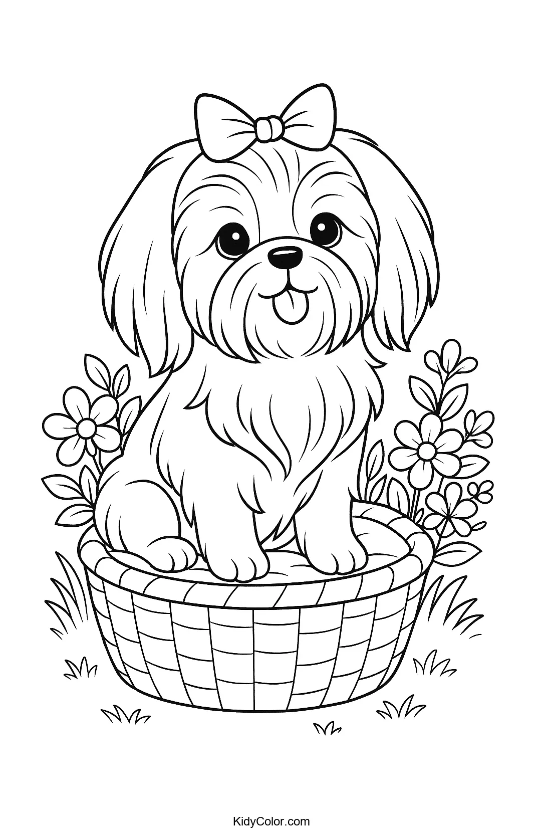 Shih Tzu puppy in a basket with flowers coloring page