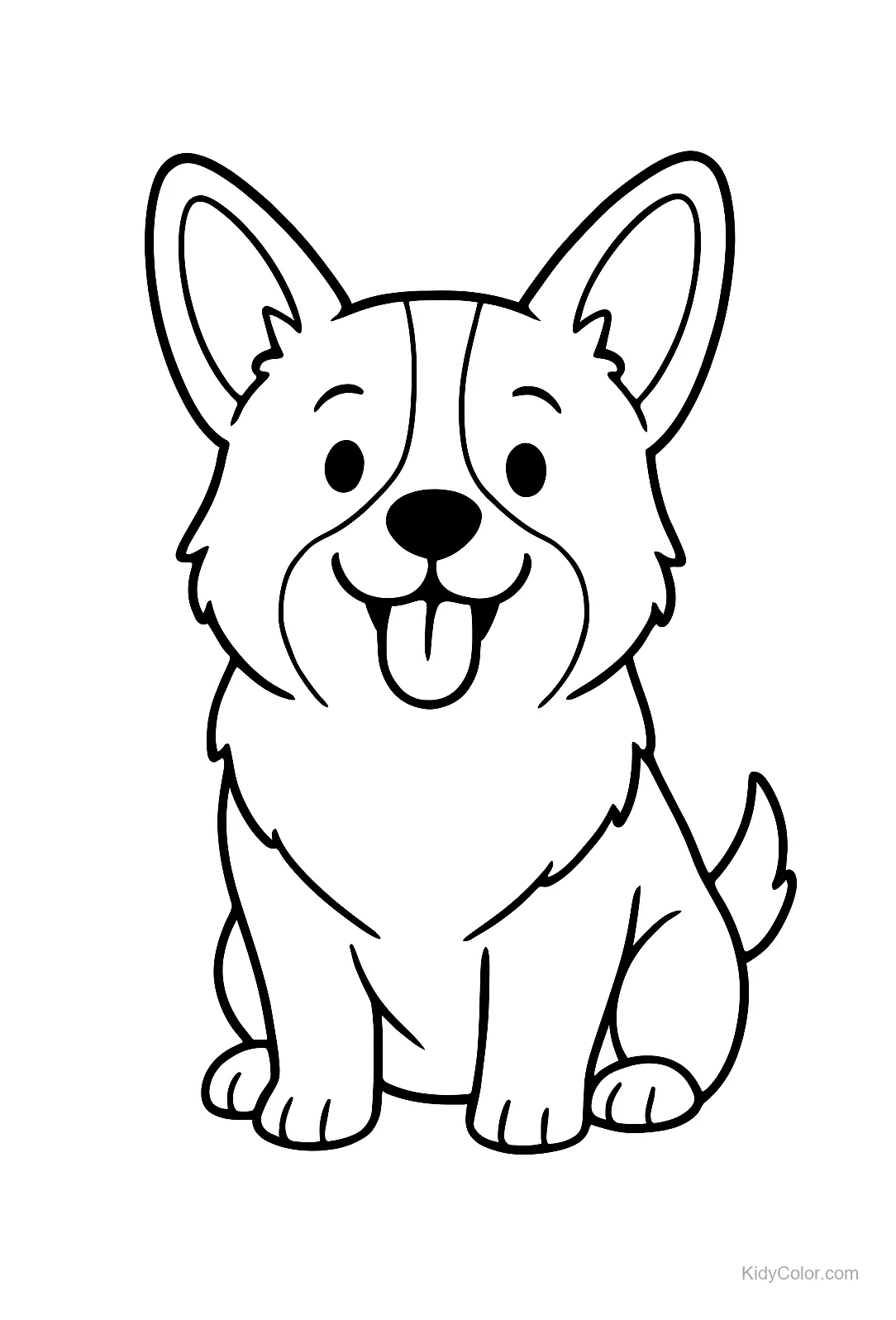 Cartoon corgi die zit en lacht met de tong uit.