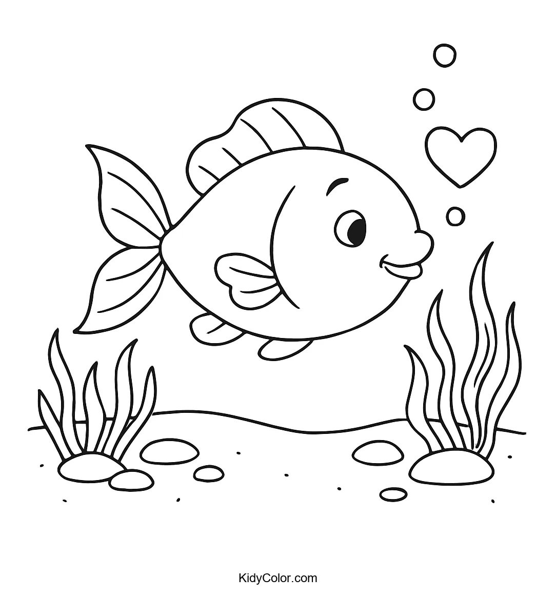 Smiling fish in an underwater scene coloring page