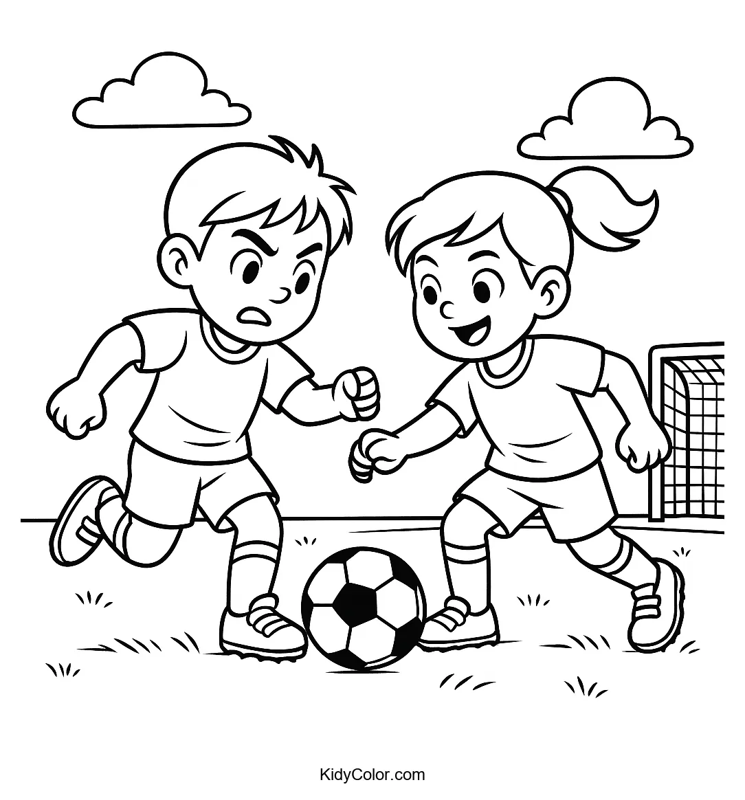 Coloring page of a soccer match on a grassfield.