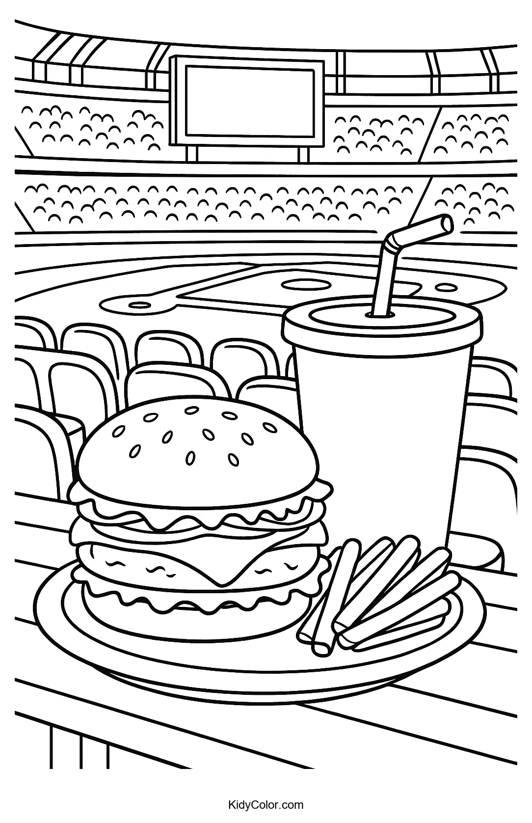 Stadium snack break with burger and fries coloring page