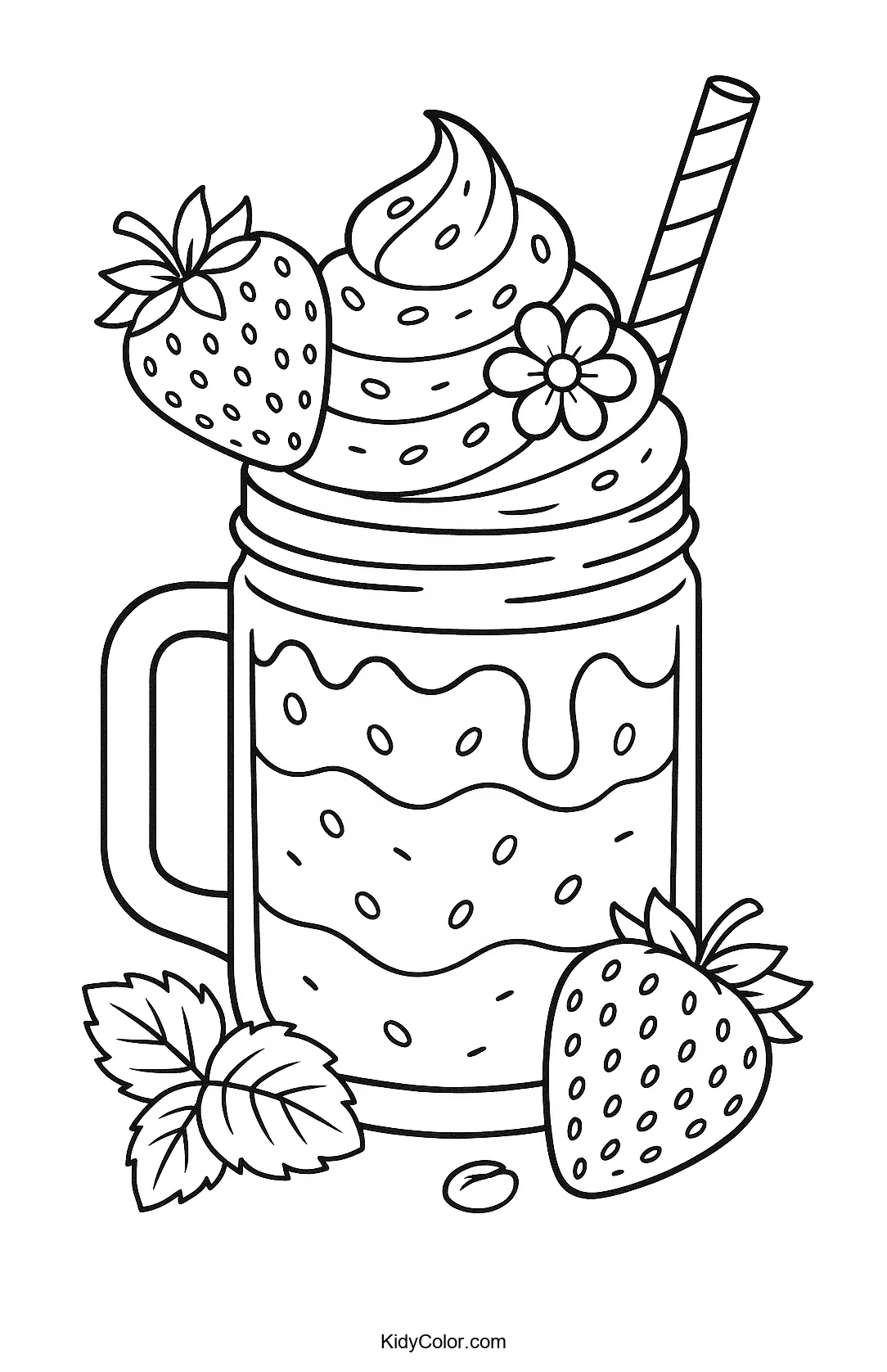 Coloring page of a strawberry milkshake in a mason jar