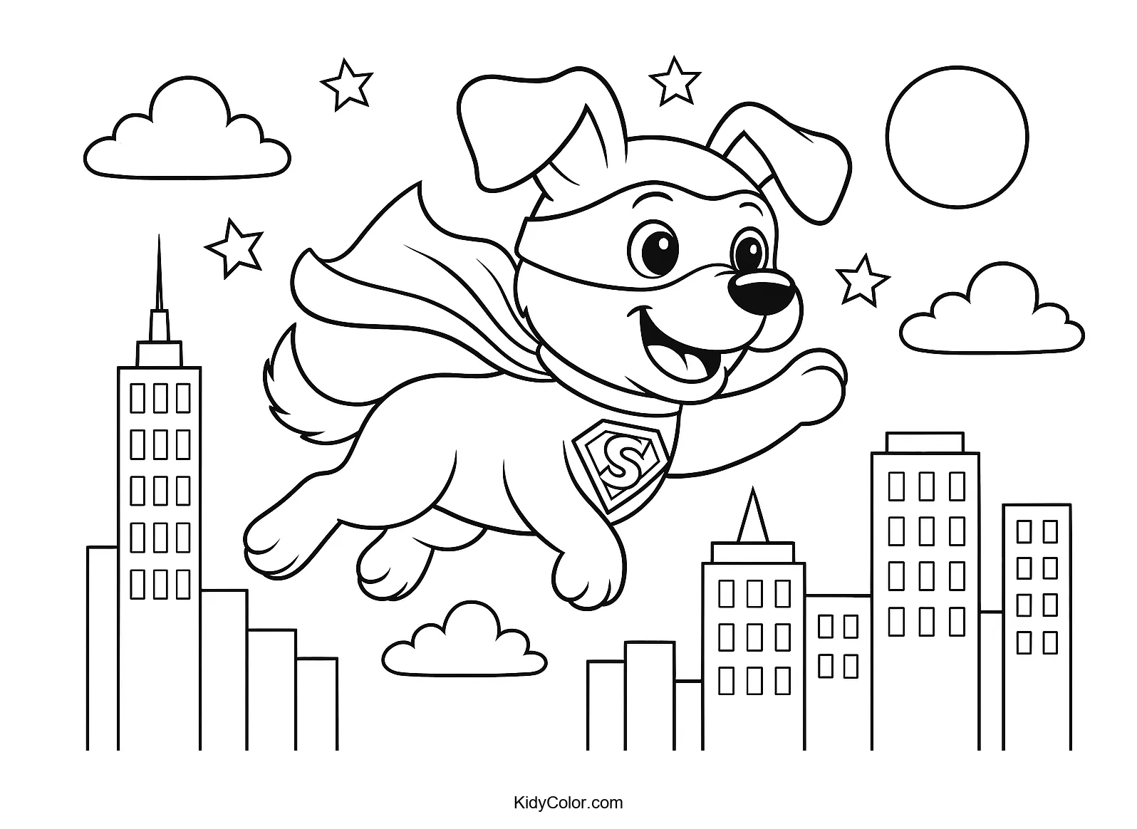 Superdog flying over a city skyline