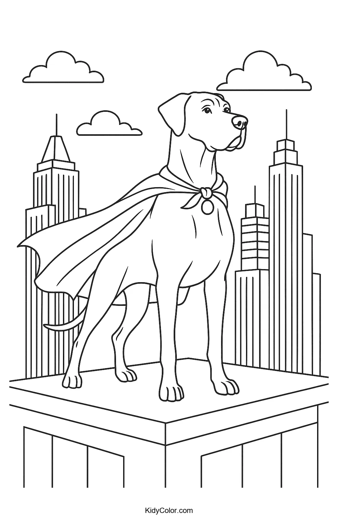 Superhero dog on a rooftop ready for adventure.