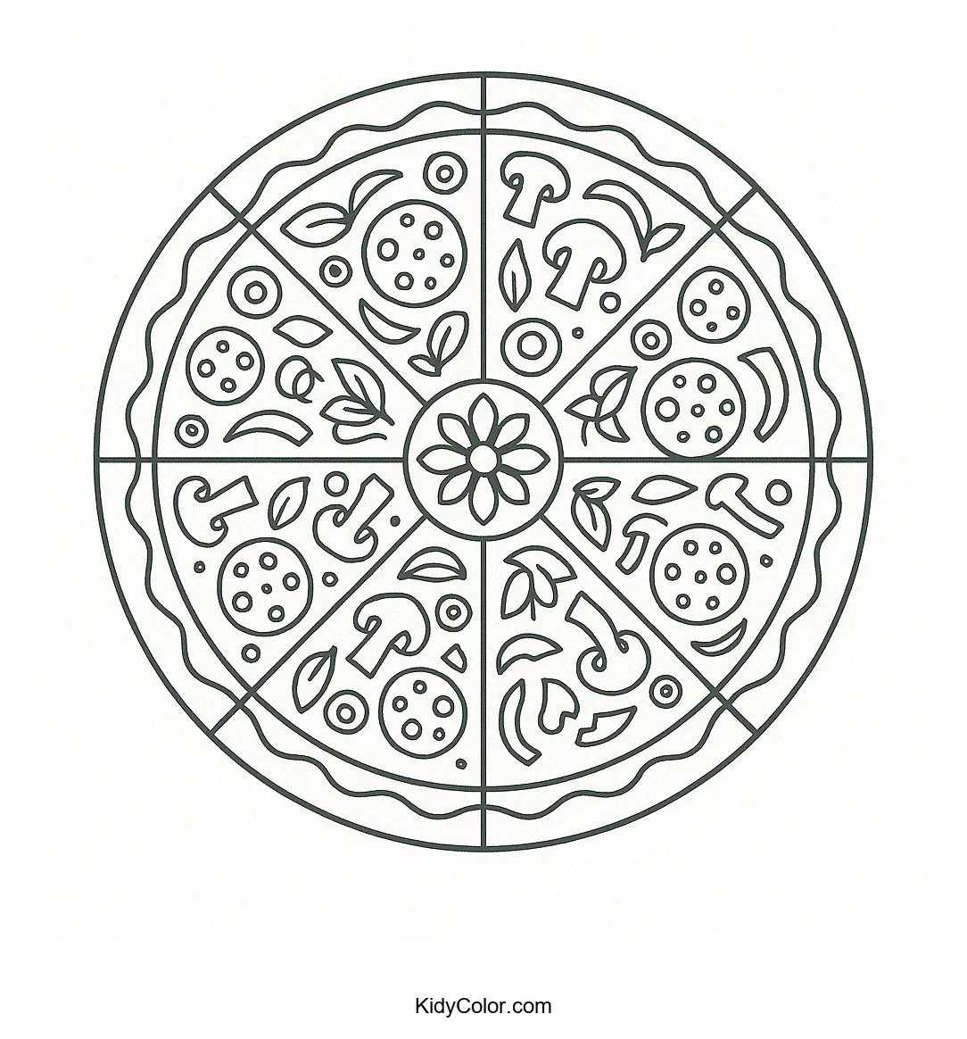 Symmetrical pizza mandala design coloring page