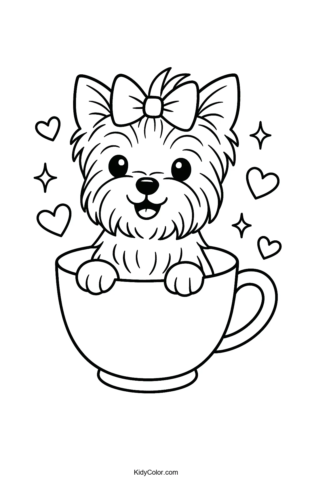 Teacup Yorkie with a bow surrounded by hearts