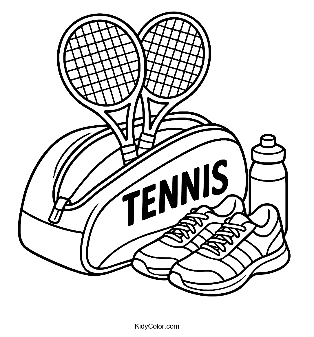 Coloring page of tennis gear with bold lines