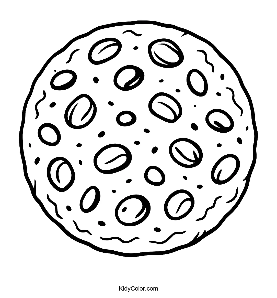 Coloring page of a cookie with chocolate chips and nuts