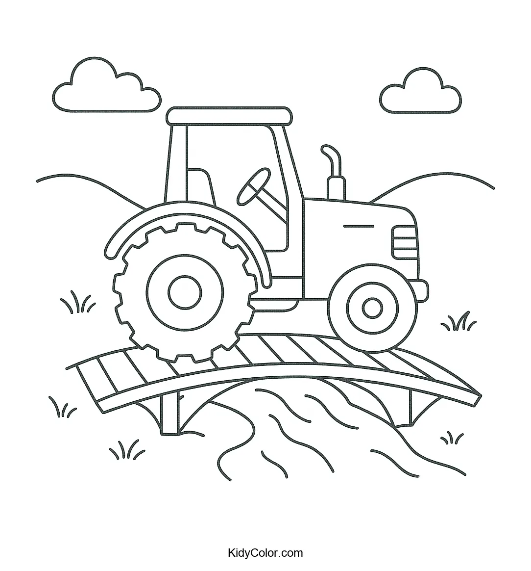 A tractor crossing over a wooden bridge