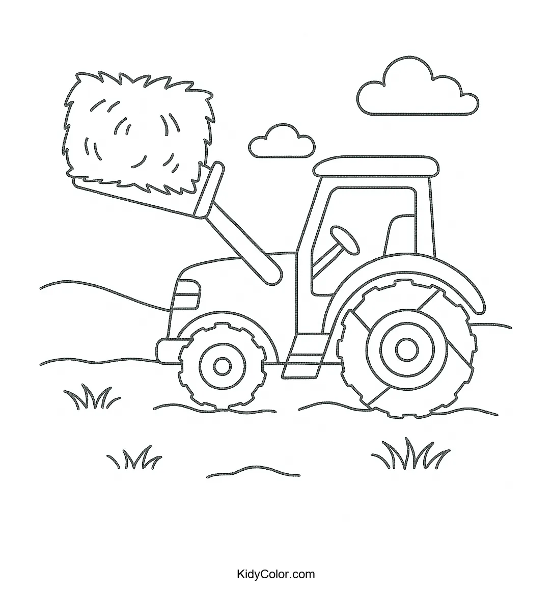 Tractor lifting hay bales in a field coloring page