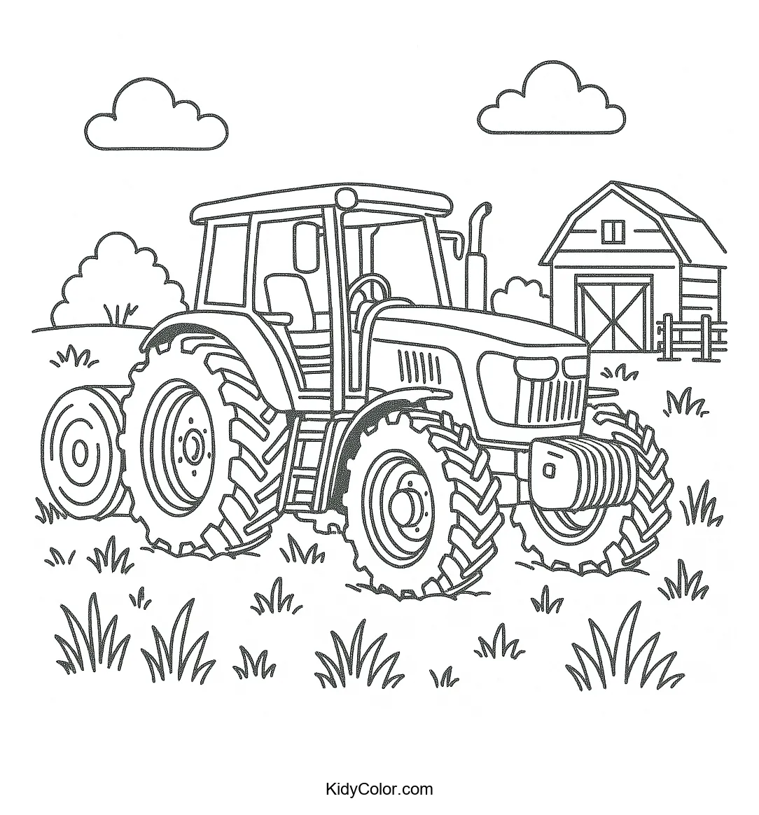 Coloring page of a tractor by a barn