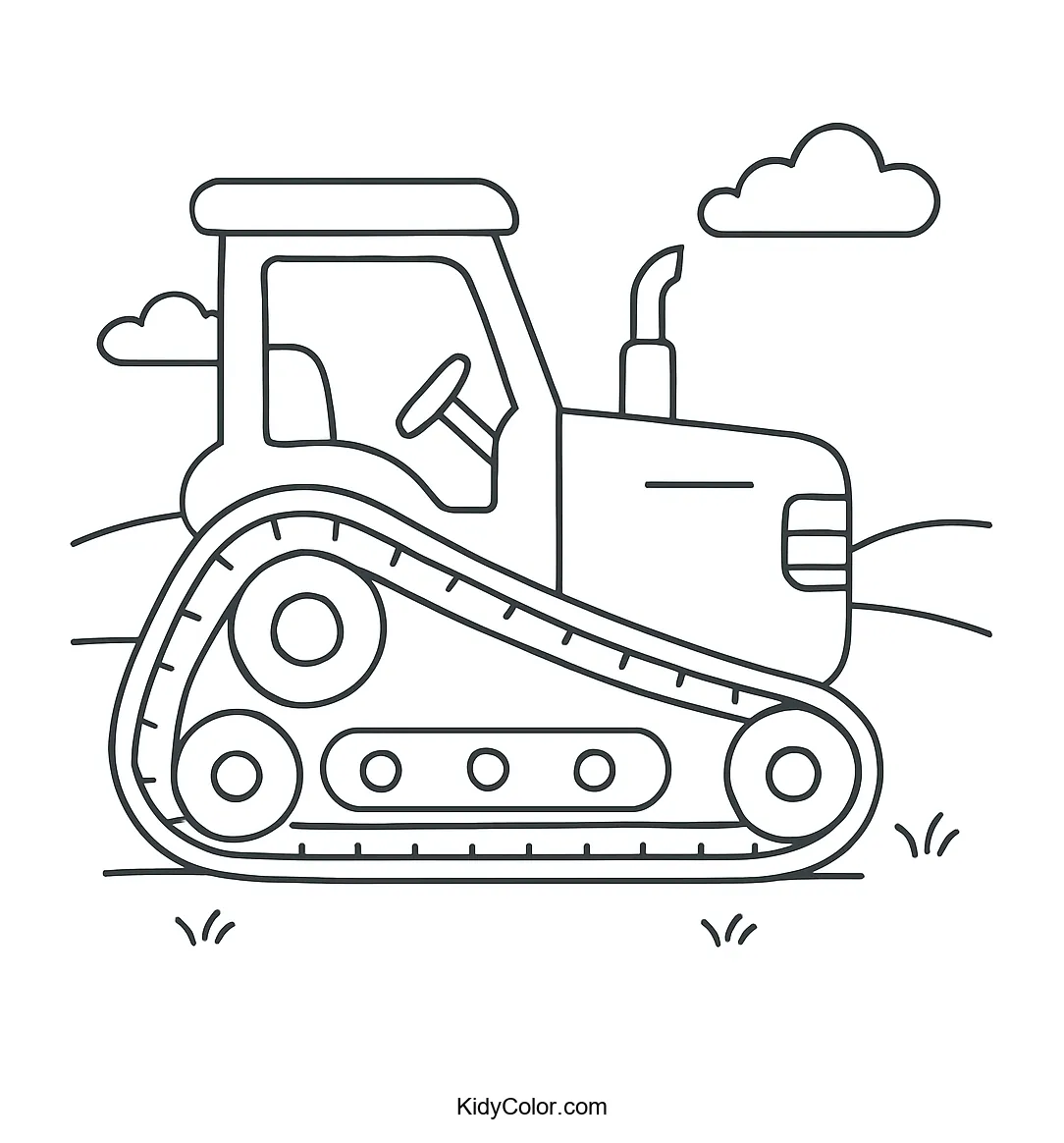 Coloring page of a tractor in a rural landscape