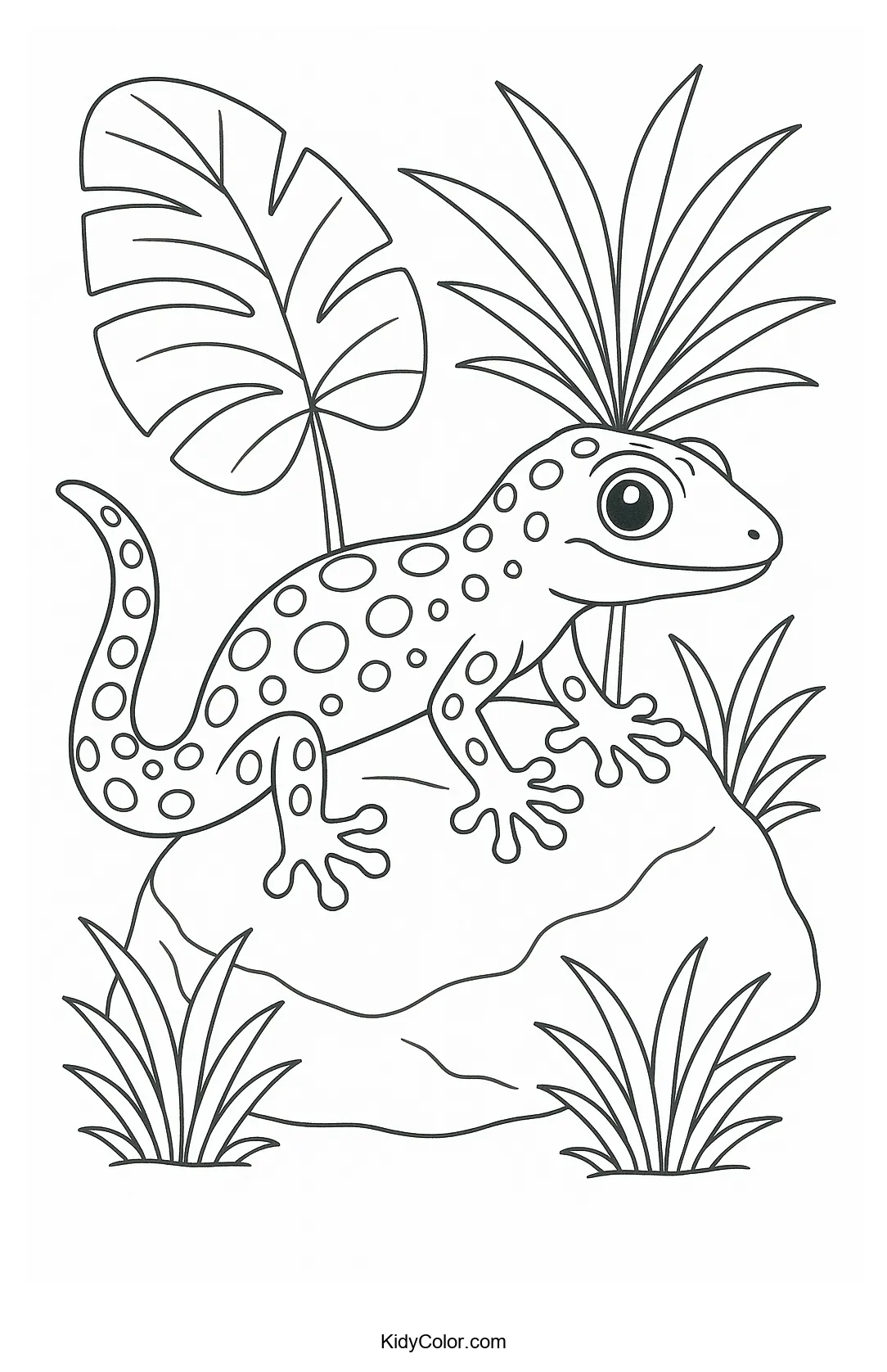 Illustration of a tropical gecko on a rock for coloring.