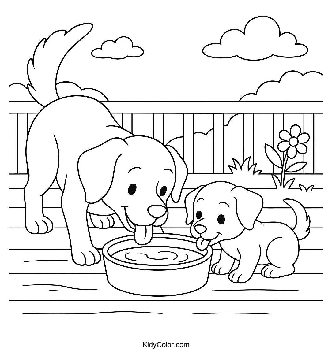 Two dogs sharing a water bowl coloring page