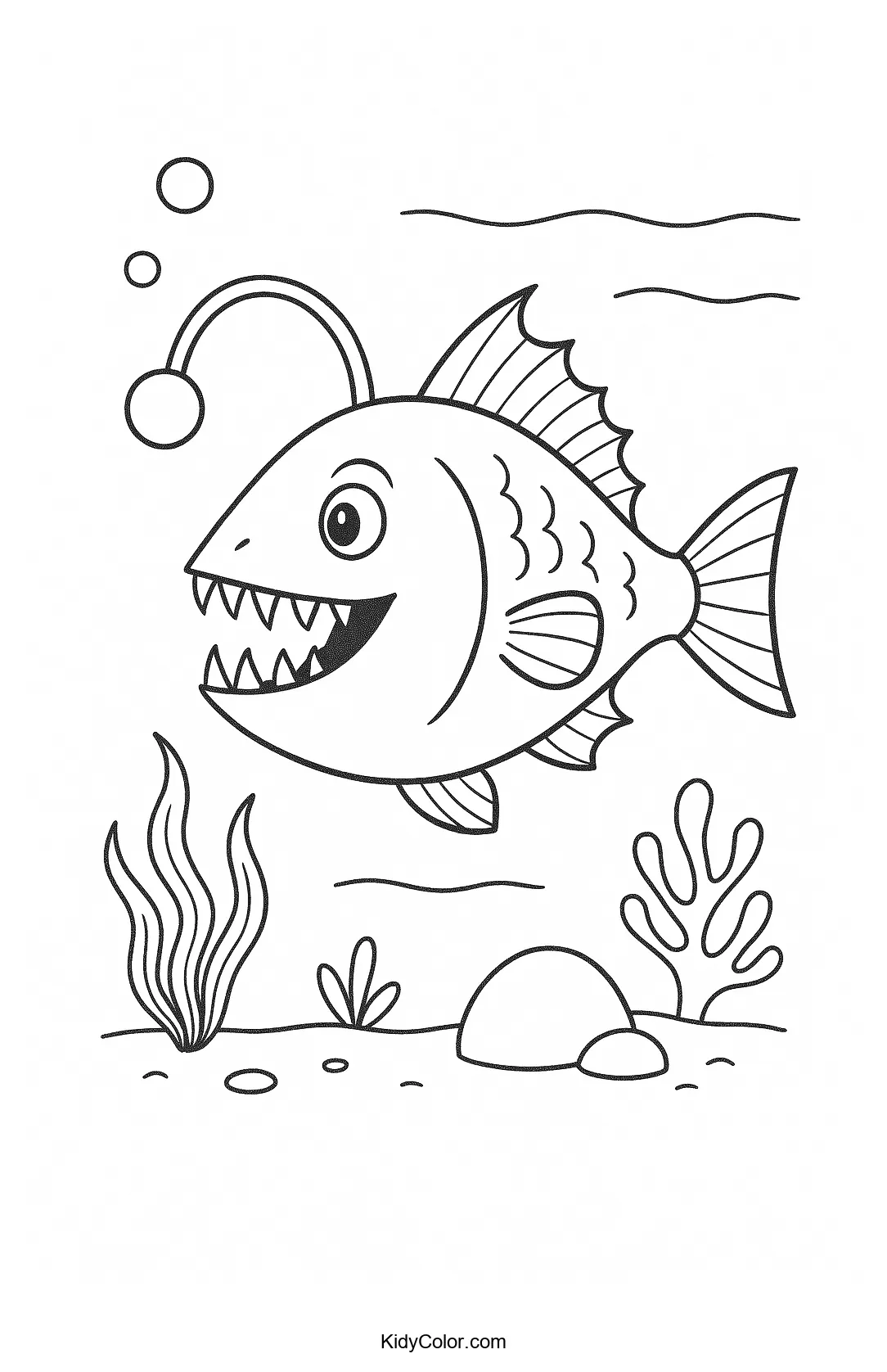 Coloring page of an anglerfish underwater