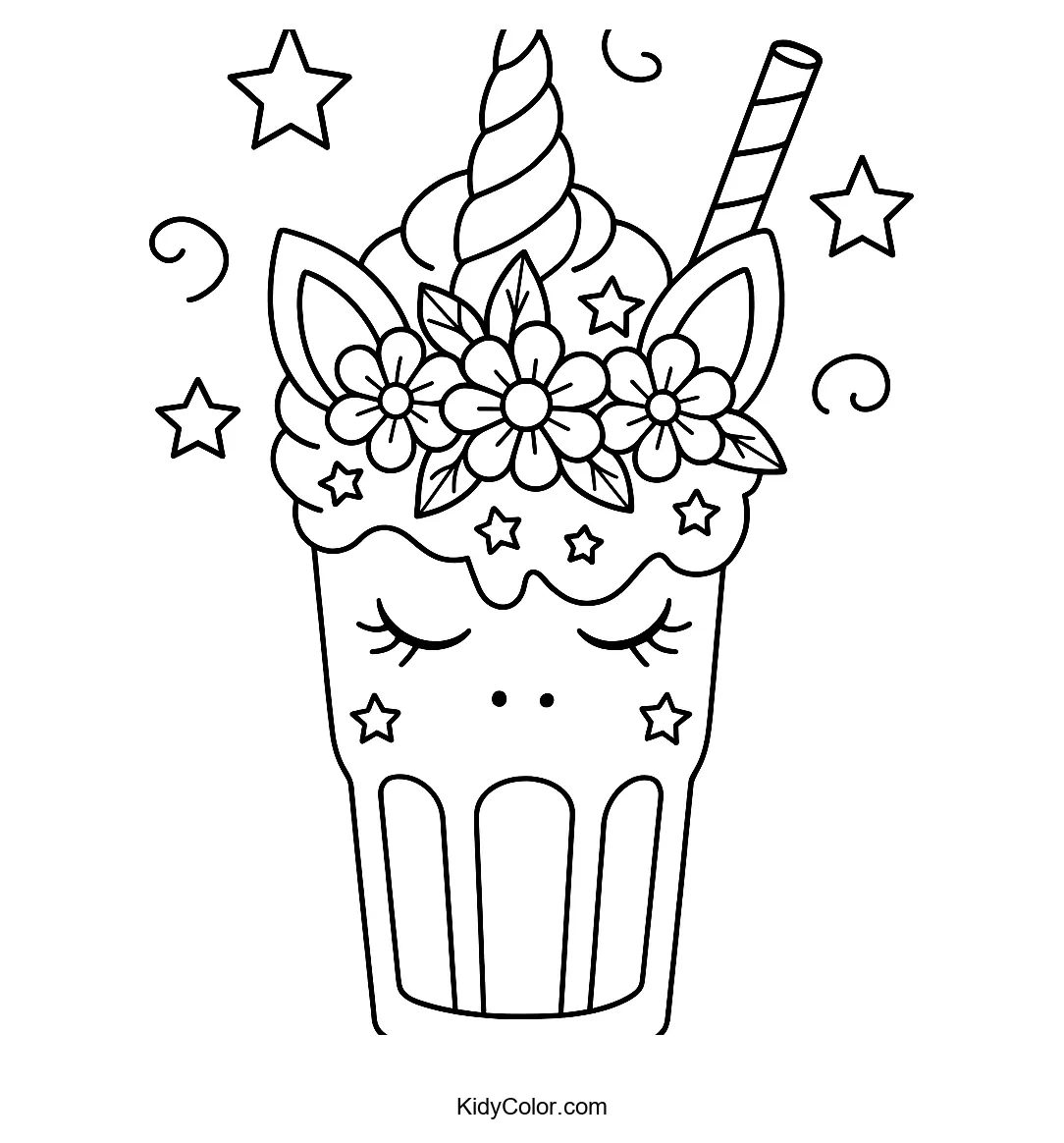 Unicorn milkshake with magical elements coloring page