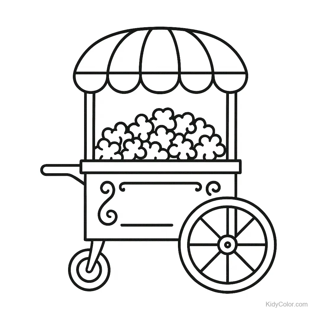 Nostalgischer Popcornwagen mit Streifendach und Rädern.