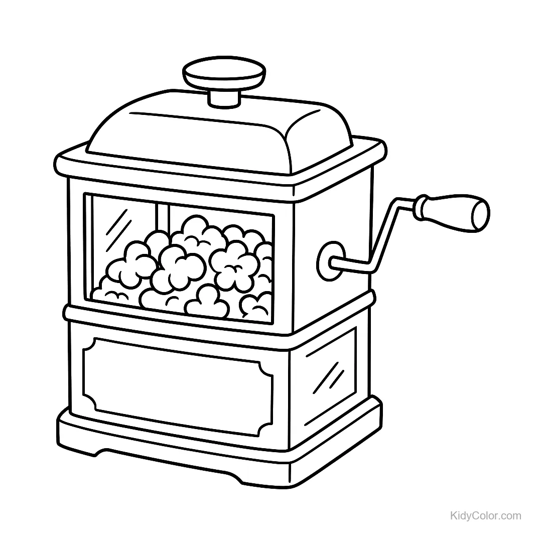 Máquina de palomitas antigua con manivela y palomitas dentro.