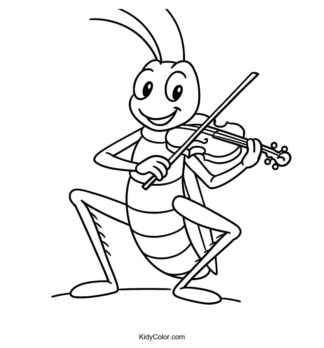 Coloring page of a grasshopper playing the violin.