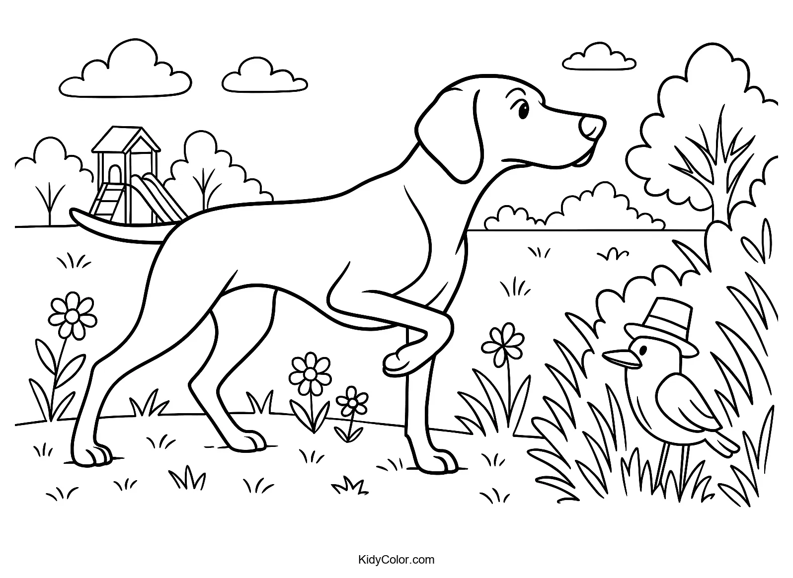 Vizsla dog pointing in a garden scene coloring page