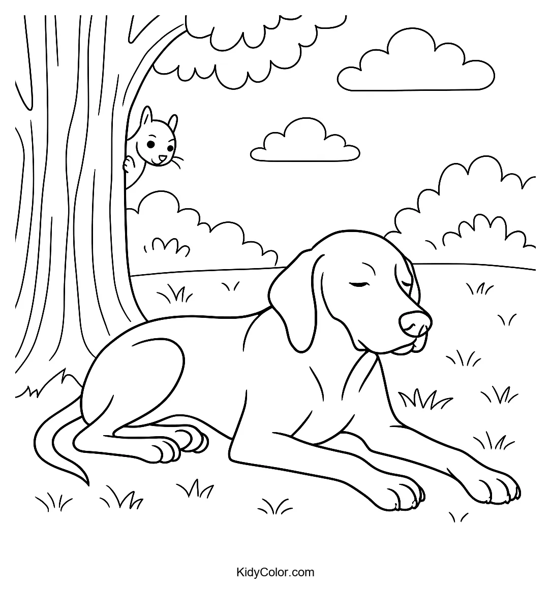 Vizsla dog resting under a tree