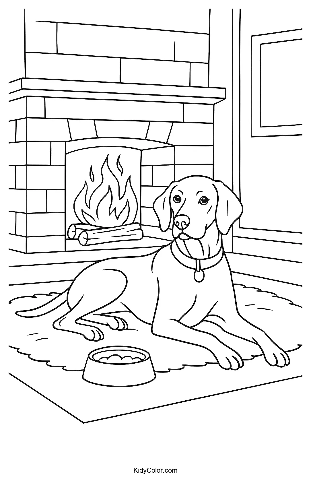 Vizsla dog resting by a fireplace