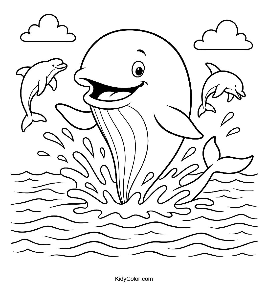 A whale and dolphins playing in the ocean.