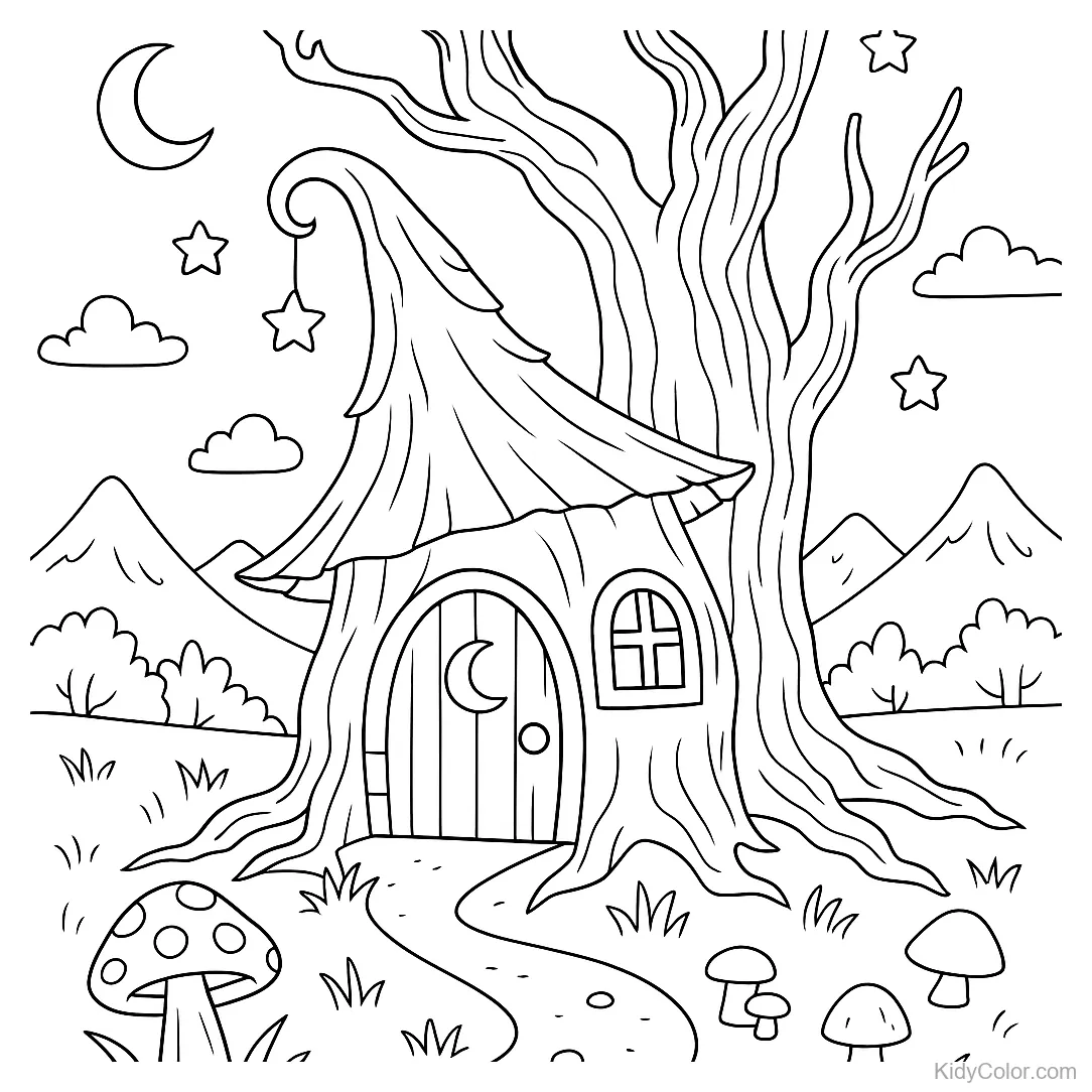Cabaña de bruja en árbol retorcido con luna, estrellas y hongos.