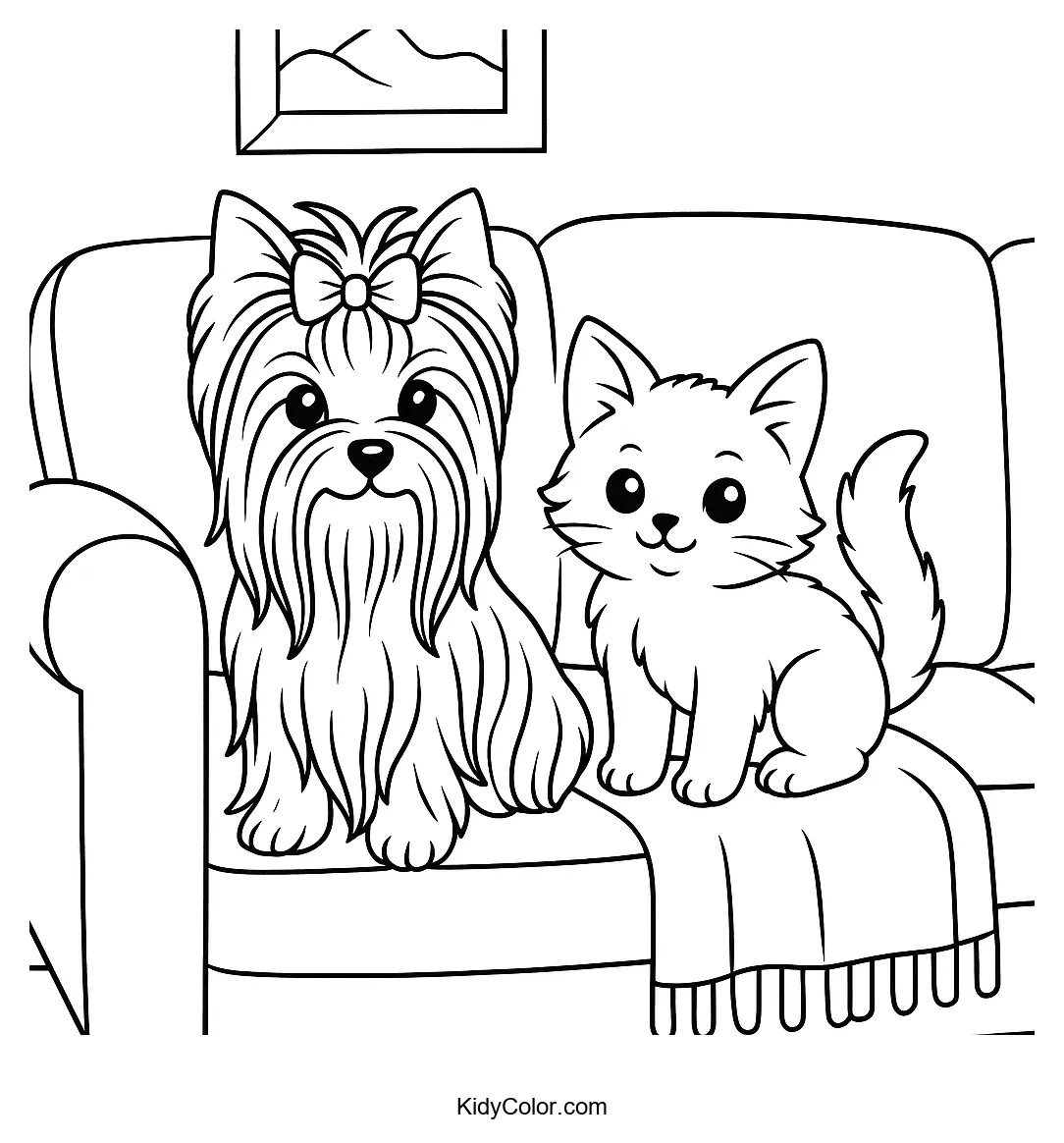 Yorkshire Terrier and kitten playing together