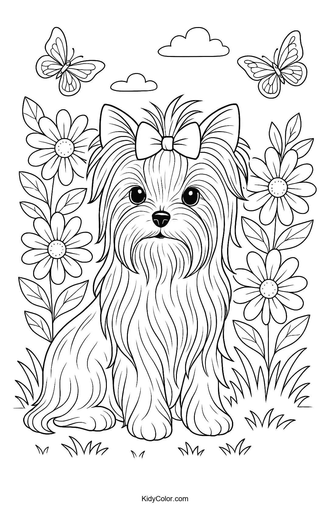 Yorkshire Terrier sitting in a garden full of blossoms.