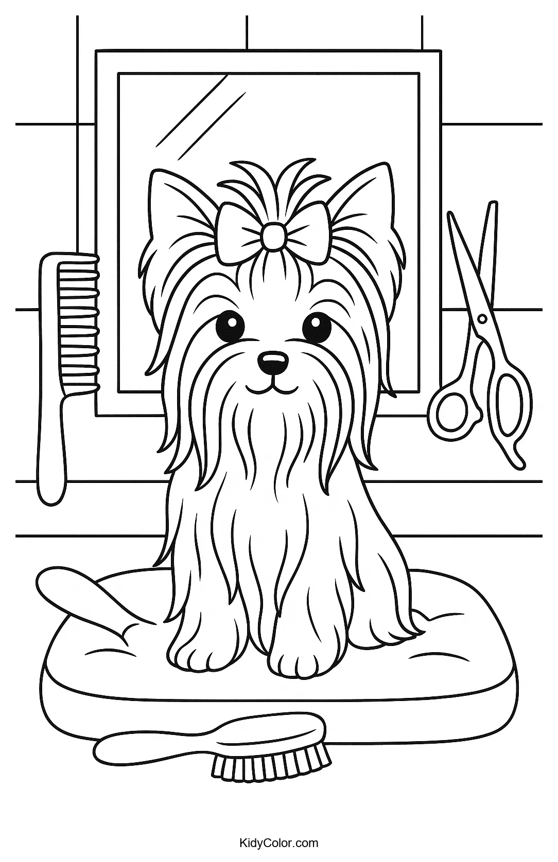 Yorkshire Terrier at grooming salon coloring page