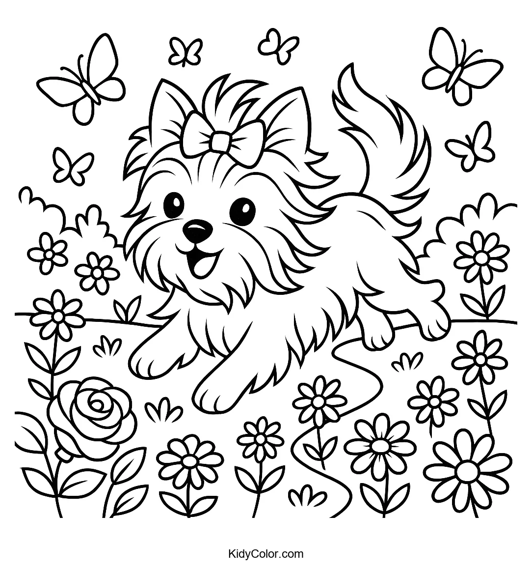 Yorkshire Terrier in a garden coloring page