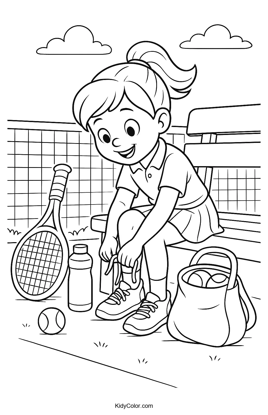 Young girl tying her tennis shoe