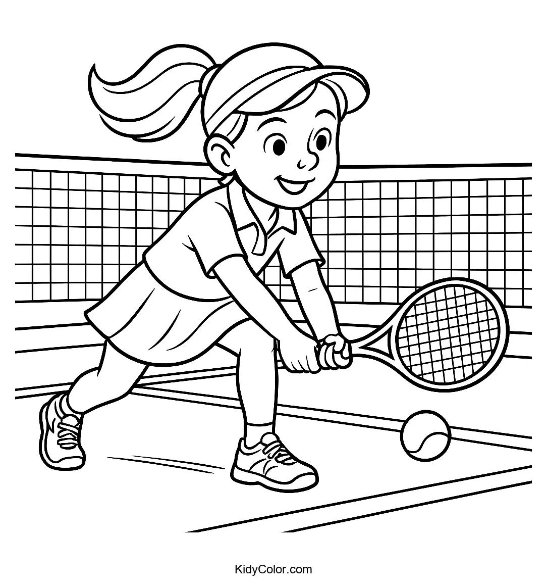 Tennis player swinging racket coloring page