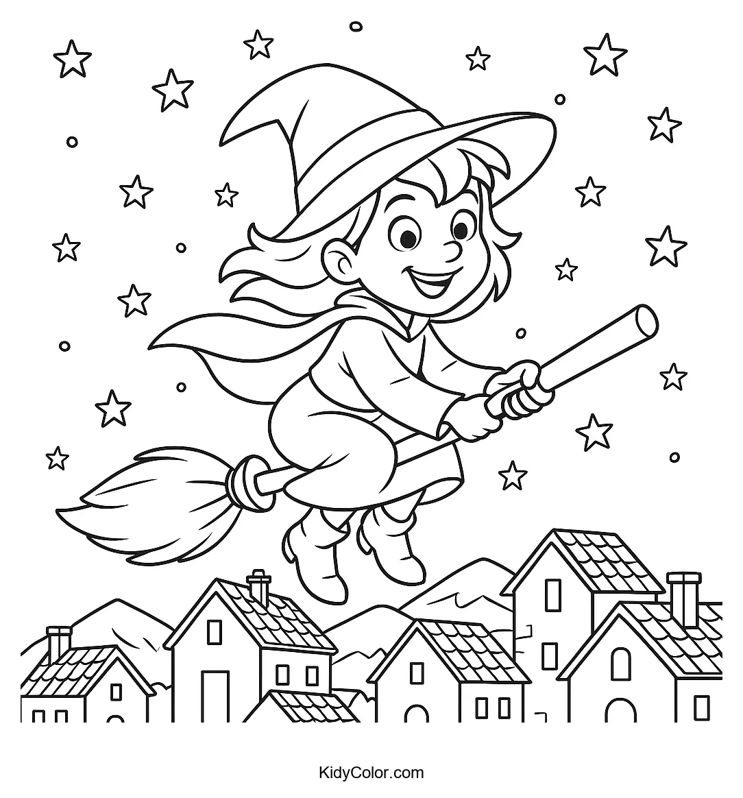 Young witch flying over a village at night with a moonlit sky.