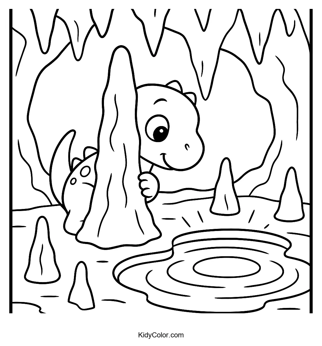 Baby dinosaur behind stalagmite near cave pool