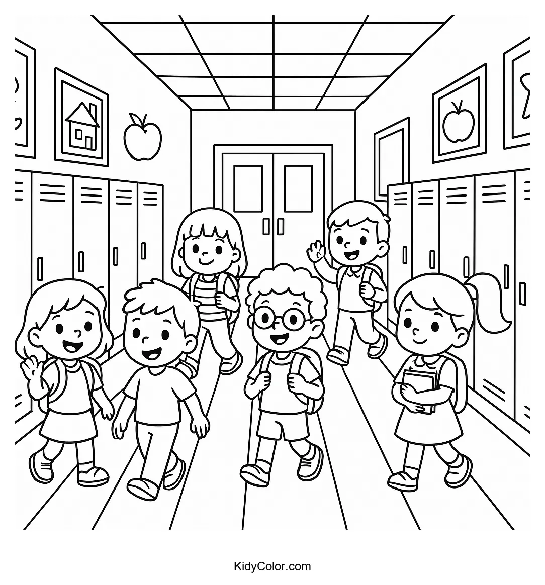 School hallway with art and lockers