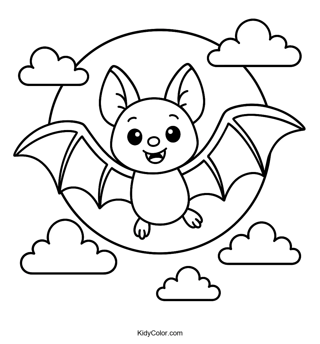 Cartoon bat flying in front of a moon