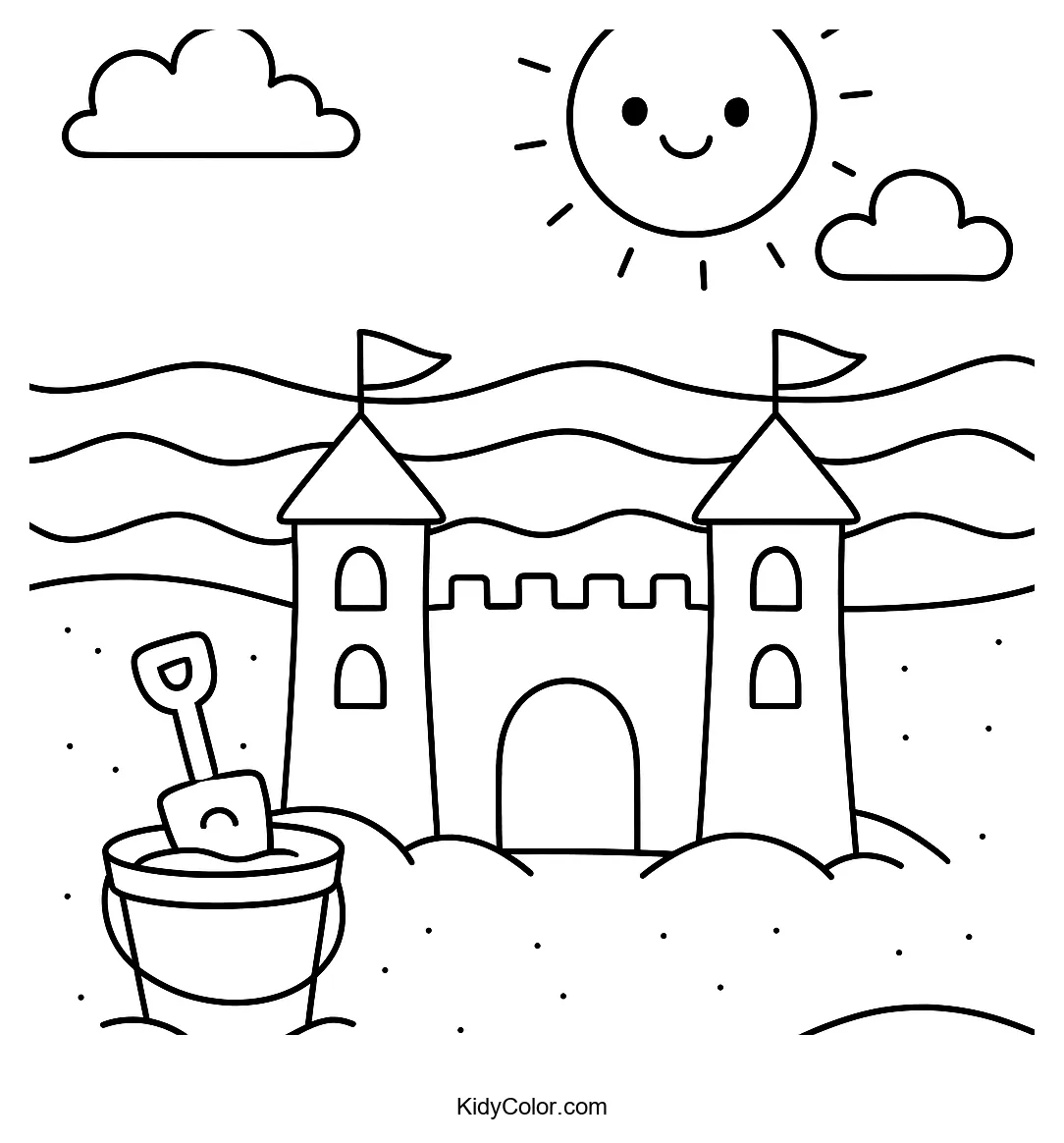 Cartoon beach scene with sandcastle and waves