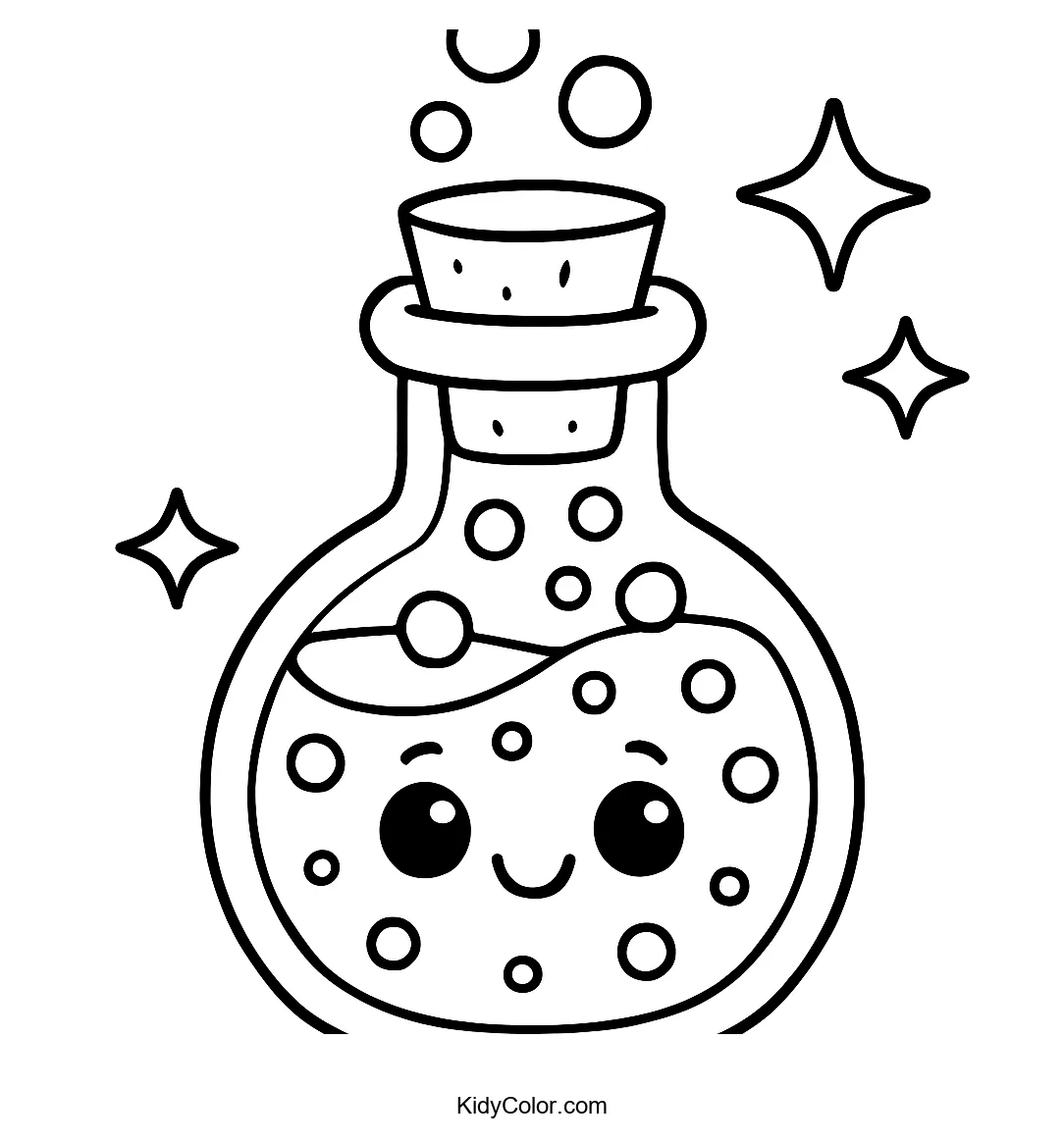 Cartoon potion bottle with bubbles and sparkles