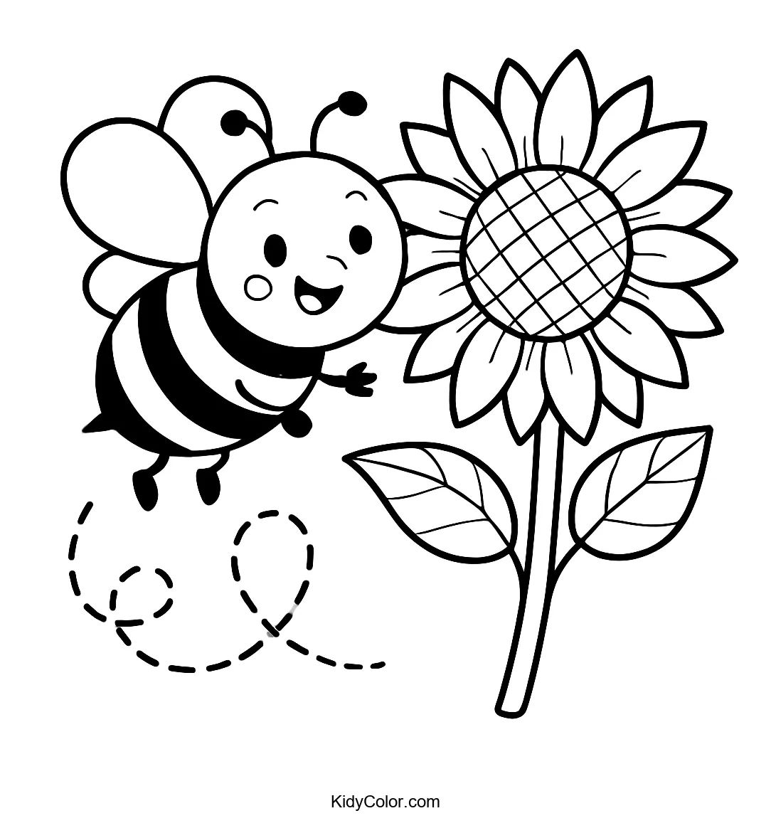 Bumblebee flying by a sunflower
